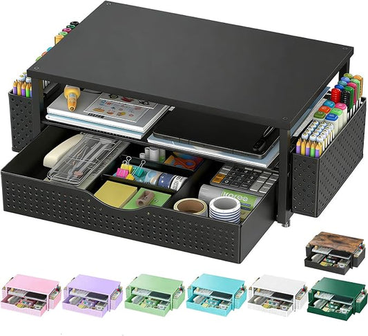 Spacrea Desk Organizer and Accessories, Computer Monitor Stand Riser with Drawer and 2 Pen Holders, Office Desk Accessories & Workspace Organizers for Office Supplies (Black)