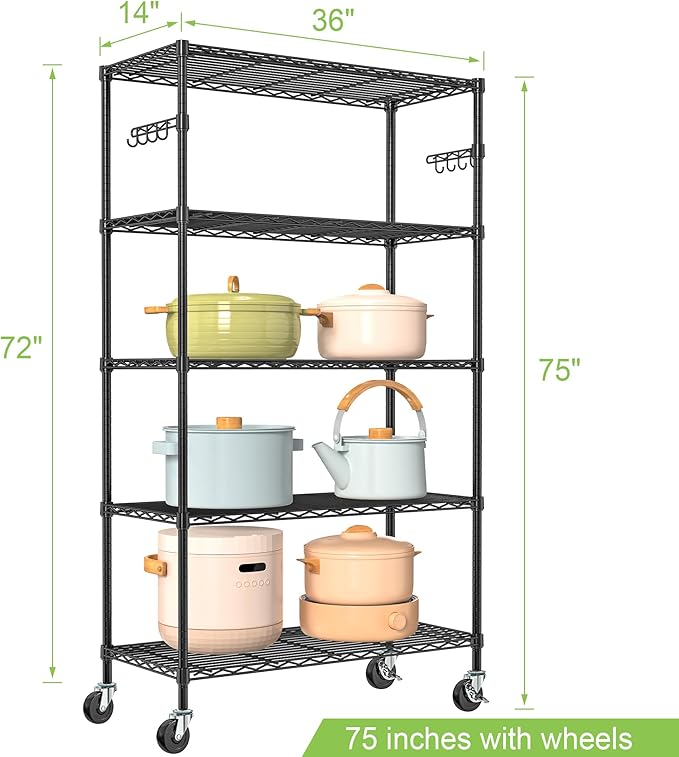 5 Tier Wire Metal Shelving Rack Garage Storage Rolling Shelves with Wheels | Heavy Duty Adjustable Industrial Shelve Steel Sturdy Utility Shelving for Kitchen Garage Pantry Bathroom Laundry