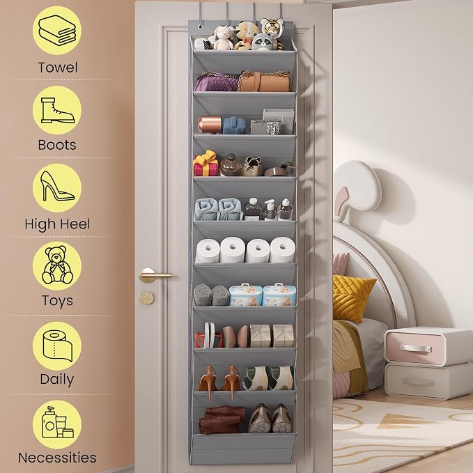 Mefirt 20-25 Pairs Over the Door Shoe Organizer, Clear Pockets Shoe Rack for Closet Door, 10-Tier Hanging Shoe Rack for Boots, Behind the Door Shoe Holder Fit All the Family's Sneakers, Heels, Grey