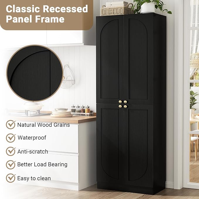 Cyclysio 80" Kitchen Pantry, Extra Tall Arch Storage Cabinet with 4 Soft Close Doors and Adjustable Shelves, Freestanding Wood Cupboard with Seamless Fit Wall for Dining Living Room (Black, 1 Pack)