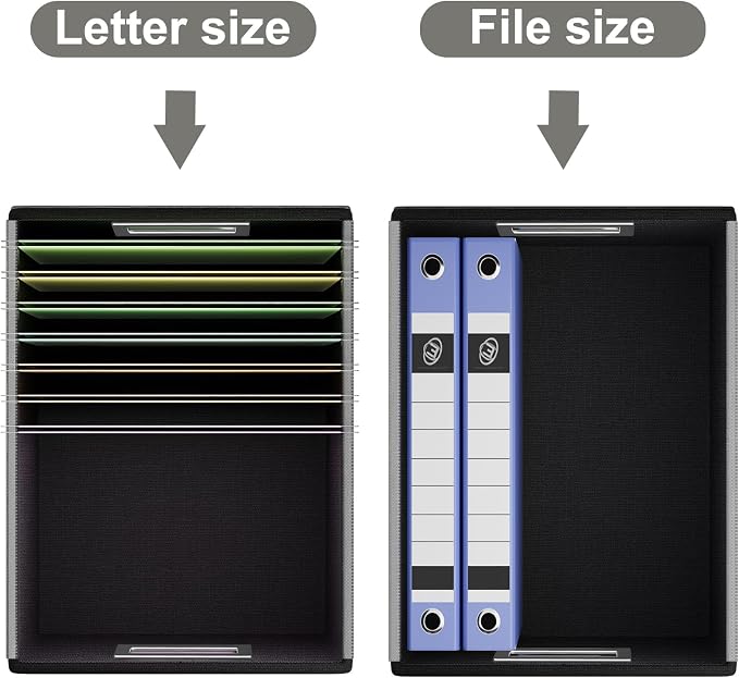 File Organizer Box with Lids, Collapsible File Folder Organizer | File Box with Plastic Slides for Document, Filing Bin for Letter Size Hanging File Folders (4 Pack, Dark Gray, Leather)