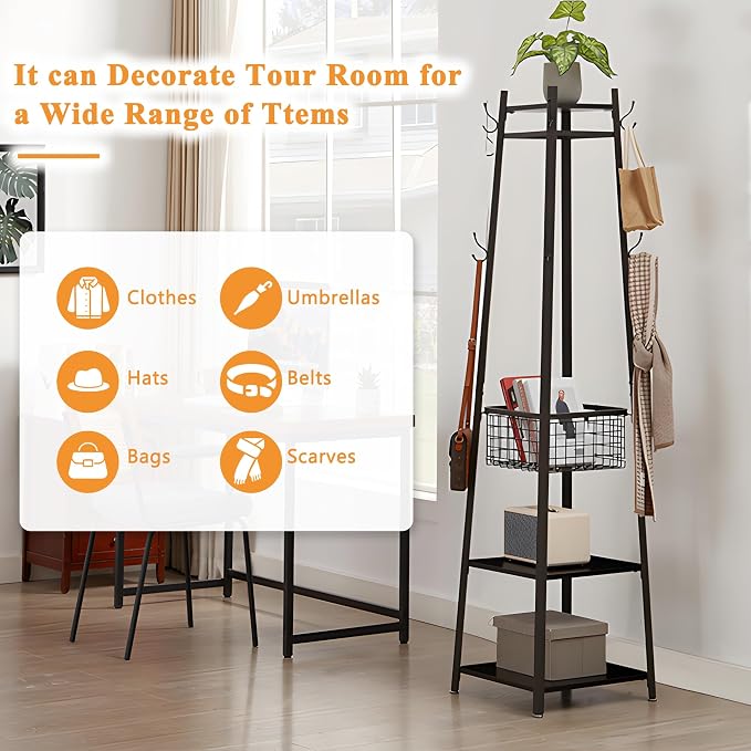 VECELO Coat Rack Freestanding,Hall Tree with Metal Basket and Storage Shelves,Industrial Coat Rack Stand with 8 Hooks for Hanging Coats/Hats/Bags/Umbrellas,18 x 18 x 72 In,Matte Black