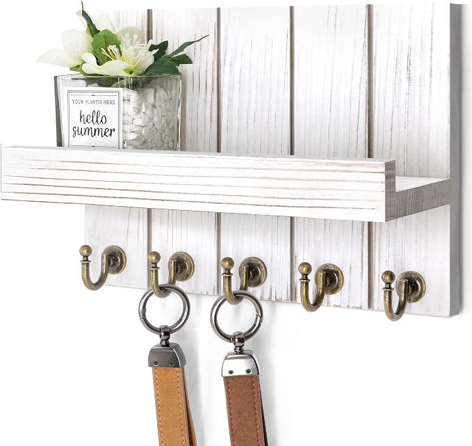 Rebee Vision Key Holder Wall Mount with Shelf for Living Room, Whitewash | 3.54" x 10" x 7.28", 5 Sturdy Hooks, Key Holder for Wall, Floating Shelf, Mail Organizer, Decorative Storage Accent Decor