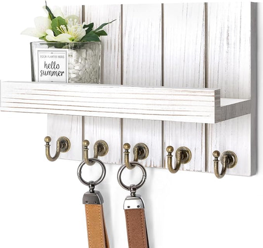 Rebee Vision Key Holder Wall Mount with Shelf for Living Room, Whitewash | 3.54" x 10" x 7.28", 5 Sturdy Hooks, Key Holder for Wall, Floating Shelf, Mail Organizer, Decorative Storage Accent Decor