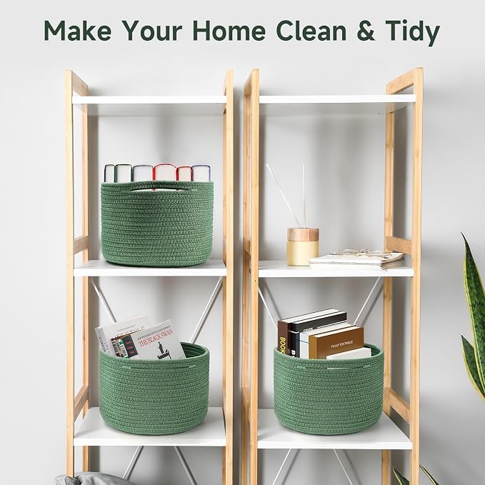 3 Pack Small Rope Storage Baskets, 9.82×9.82×7.1", Green | Cotton Basket for Gifts Empty, Cute Round Woven Basket, Decorative Shelf Basket Organizer, Organizing Basket for Shelves