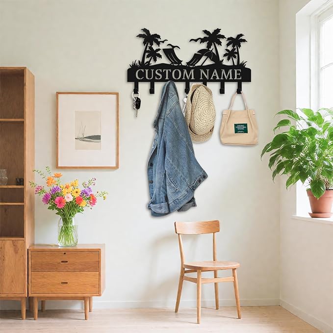 Personalized Key Holder for Wall, Custom Metal Key Hooks with Name | Rust-proof beach design rack for keys, hats, bags and leashes, with free hardware, ideal housewarming gift