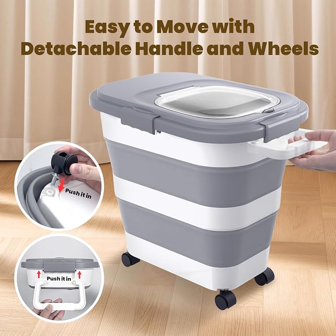 HOYTAMDA 25-35Lbs Collapsible Rice Container,Food Storage Containers Wheels | Rice Storage Container with Airtight Clear Lid,Handle,Small Bin &Scoop,Rice Dispenser for Flour Sugar Cereal Dog Cat Food