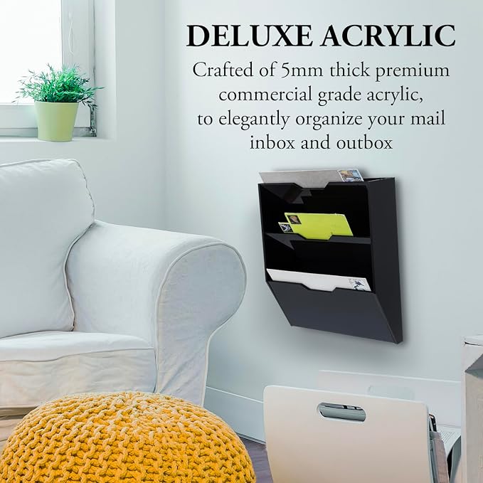 MyGift Wall Mounted 3 Tier Black Acrylic Letter Rack Mail Organizer, Office and Entryway Bills Postcards Brochure Holder Vertical Storage Rack