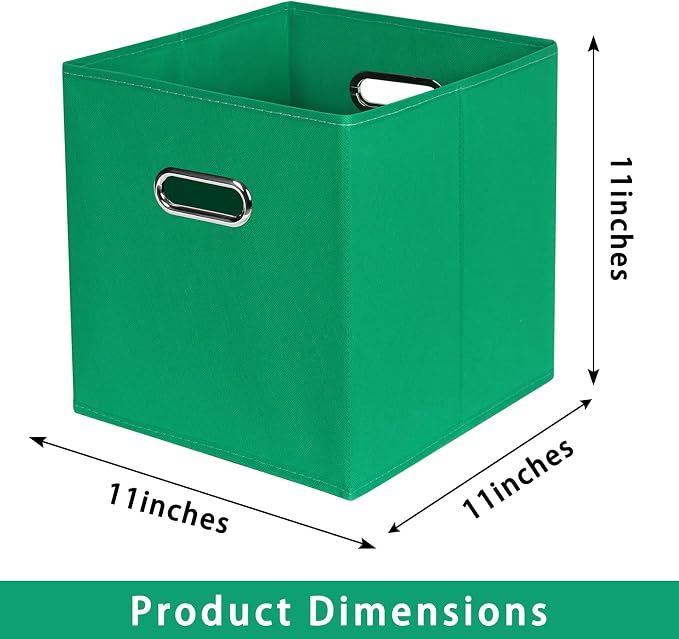 Green Foldable Storage Bins, 11x11x11, Set of 3, (Fabric Cube Organizer with Handle, for Cloth or Accessory Storage)
