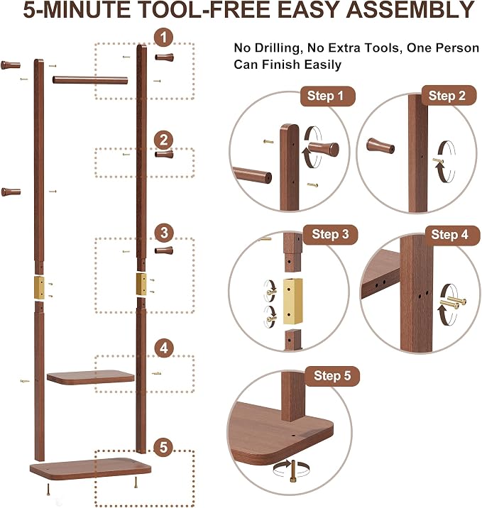 Coat Rack Freestanding, Solid Wood Clothes Rack with 2 Shelves & 5 Hooks for Hanging Clothes Garment Wallets Hats, Heavy Duty Clothes Rack Stand for Hall, Bedroom, Living Room (Walnut brown)