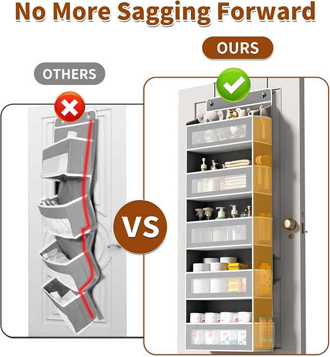 AQOOA 5-Tier Over The Door Organizer 44 lbs Capacity fit Standard Doors | Over the Door Storage 5 Large 10 Side Pockets, Closet Door Organizer Hanging Shelf for Closet Bathroom Bedroom Nursery, Grey