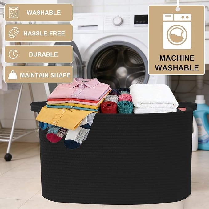 65L Collapsible Woven Rope Laundry Basket with Handles,Black | 21x16x12 Foldable Rectangular Blanket Basket for Toys, Clothes & Pillows,Ideal for Nursery, Bathroom, Bedroom, Living Room