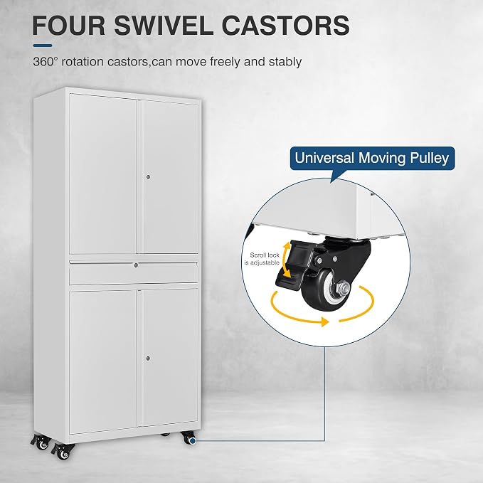 White Metal Storage Cabinet with Wheels, 73" Tall Garage Rolling Storage Cabinets with Doors and Shelves, Lockable Tool Caninet Steel Locking Cabnets for Home Office, Garage, Pantry