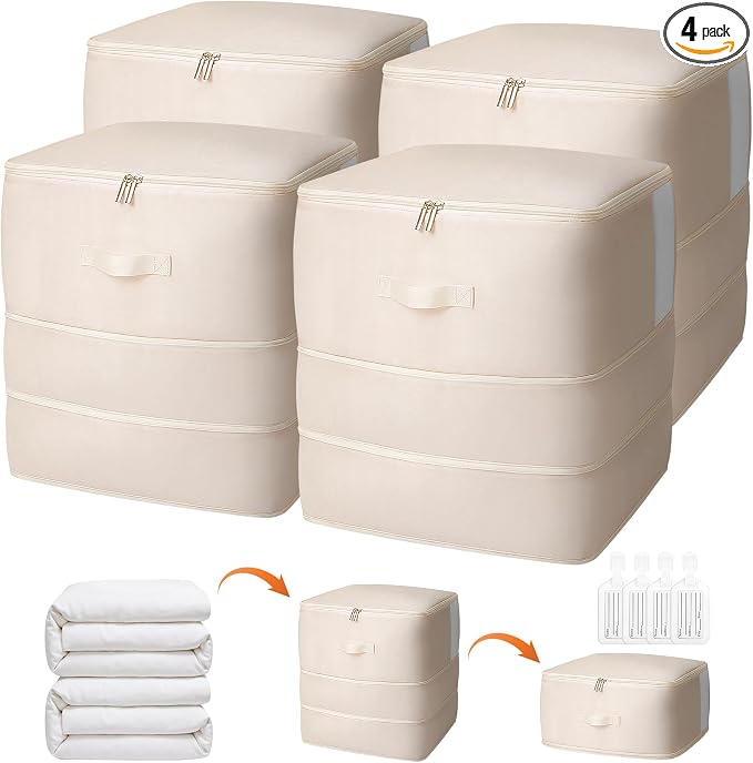 4 Pack Comforter Storage Bag, 136L Blanket Storage Bags Self Compression Comforter Organizer and Storages, Space Saving Washable Compression Bags for Blanket Bedding Pillow Duvet Quilt, Beige