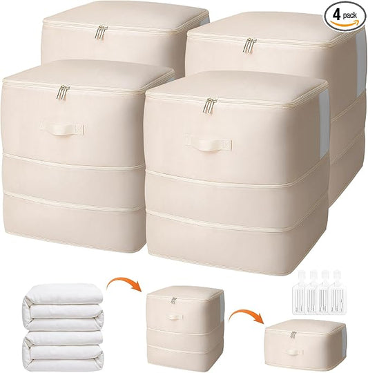 4 Pack Comforter Storage Bag, 136L Blanket Storage Bags Self Compression Comforter Organizer and Storages, Space Saving Washable Compression Bags for Blanket Bedding Pillow Duvet Quilt, Beige