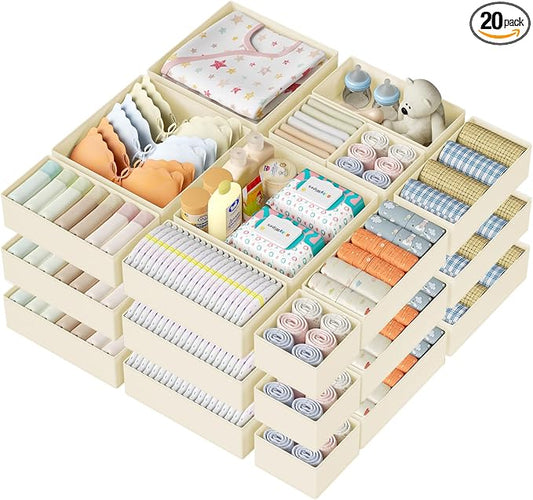 DIMJ Drawer Organizer Clothes 20 Pack - Foldable Baby Organizers and Storage & Dresser Organizer for Bedroom, Closet - Nursery Organization Dresser Dividers for underwear, Sock,Bra, Belt, Tie, Beige