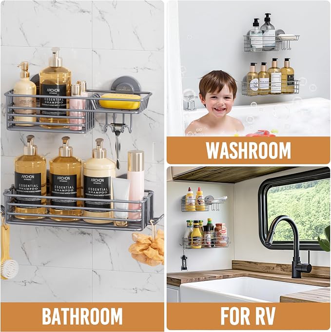 LEVERLOC Shower Caddy Suction Cup, 2 Pack Shelves for Inside with Hooks | Grey Shower Storage, Soap Holder, Shampoo Holder, NO Drill Shower Holder, Rustproof Meatl Bathroom Basket