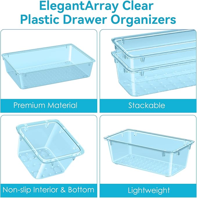 ElegantArray 12 PCS Drawer Organizer Set, Makeup Organizers, Sea Blue | 4 Sizes, Plastic, Stackable, Multiple Gadgets, Desk Drawer Divider Organizers, for Makeup, Office Supplies Storage