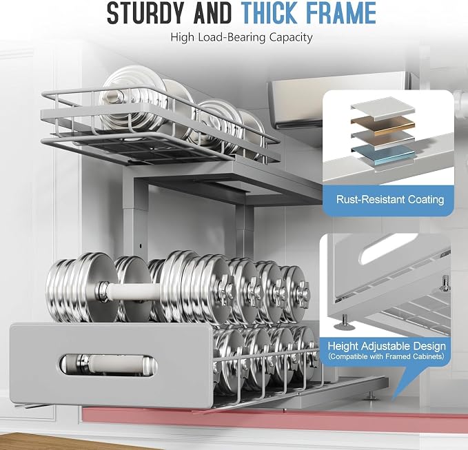 Under Sink Organizer Upgrade To Professional Rails,2-Tier Dual Pull Out Cabinet Storage,Height Adjustable Slide Out Drawers For Bathroom Kitchen,2 Pack-16.7"Dx12.8"-16.9"H,Gun Gray
