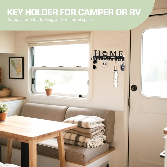 Key Holder Wall Mount, Adhesive Key Hanger with 10 Hooks, Black | Metal Material, 2 Mount Options, Compact Design, Cute Wall Decoration, Suit for Entryway, Doorway, Hallway, RV, Garage