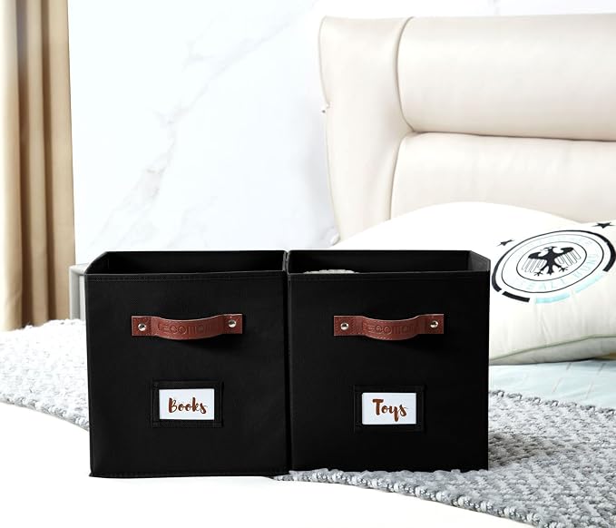 DECOMOMO Storage Bins, Cube Storage Bin with Labels | 10.5" x 11" Fabric Storage Cubes for Shelves (6pcs, Black)