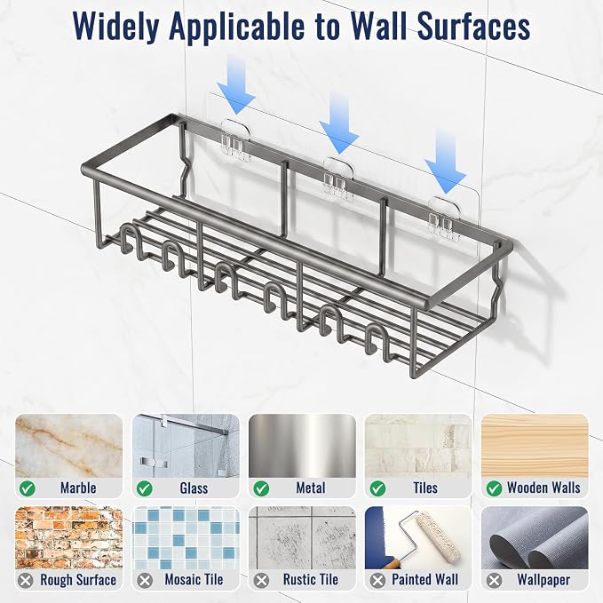 8 Pack Adhesive Rustproof Shower Caddy with Soap Dishes, Toothbrush Holder & Hooks, Large Capacity No-Drilling Shower Shelves Rack for Bathroom Organizers and Storage Accessories, Dark Gray