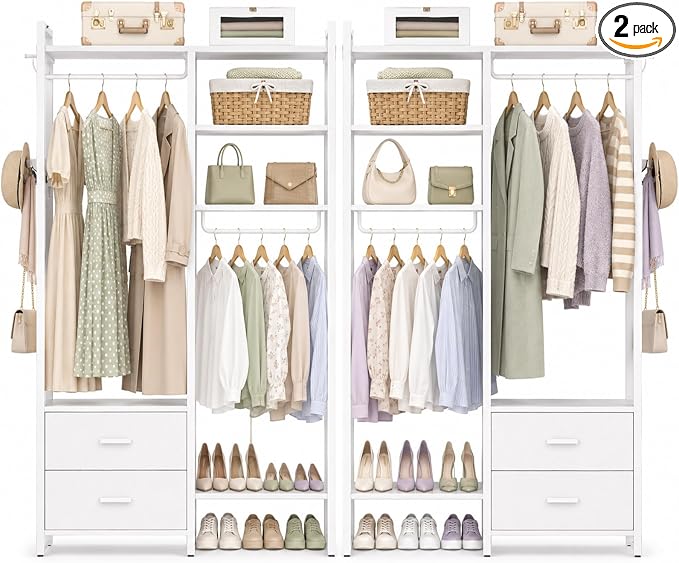 Besiost 78.7'' Clothes Rack for Hanging Clothes - Reversible Clothing Rack with 4 Drawers, Heavy Duty Garment Racks with Shelves, 6 Tiers Freestanding Portable Closet Wardrobe System, Set of 2 White