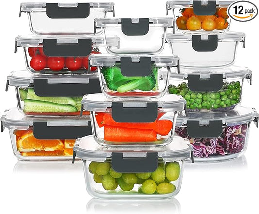 24 Pieces Glass Food Storage Containers Set, Gray | Meal Prep Containers, BPA-Free, Airtight Glass Storage Containers with Lids,Freezer, Microwave and Oven Safe