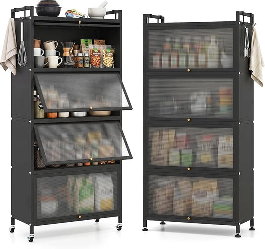 Giantex 5-Tier Kitchen Storage Cabinet, Freestanding Metal Baker's Rack w/4 Flip-up PC Doors, 4 Hooks, Adjustable Feet & Rolling Wheels, Mobile Microwave Stand for Dining Room, Living Room (Black)