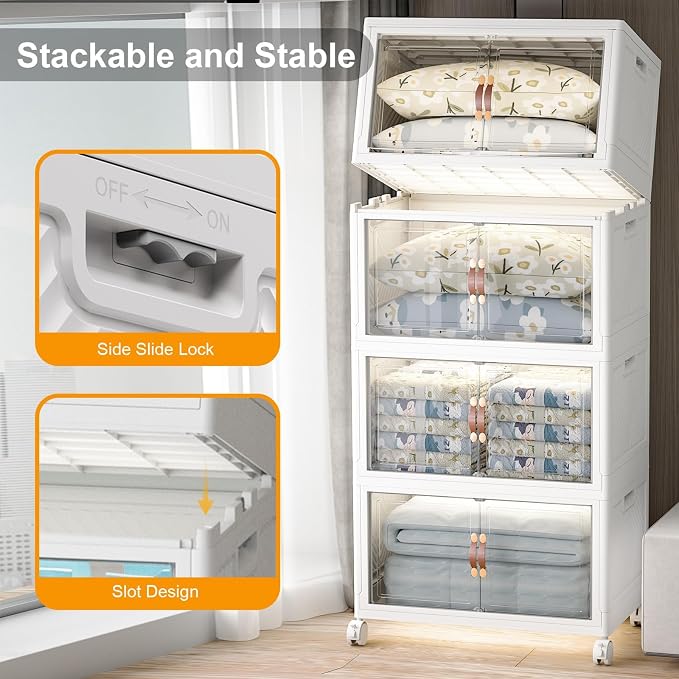 UAMFURI Stackable Storage Bins, 1440QT Collapsible Drawers with 2 Lids | Large Capacity, Magnetic Door, Stack Lock, Rolling Wheels, Foldable Design, Organizers and Storage for Bedroom Dorm Garage