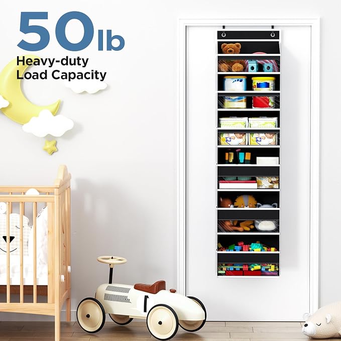 Over The Door Organizer 6 Tiers, Behind The Door Storage Hanging Shelves | Heavy Duty Hanging Organizer Storage with Large Capacity Pockets for Closet Wall Bathroom Bedroom Nursery Pantry, 1 Black