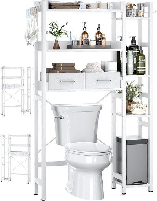 Besiost Over The Toilet Storage, 7 Tier Bathroom Organizer with Reversible Side Shelf and 2 Fabric Drawers, Adjustable Freestanding Rack Space Saver for Small Spaces, White