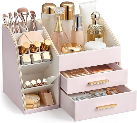 Lolalet Makeup Organizer Countertop with Drawers, Easy to Clean PU Leather Storage Box, 3-Layer Cosmetic Holder for Skincare, Lipstick, Perfume & Brush, Display Case for Vanity Dresser Bathroom - Pink
