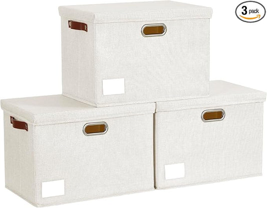 Roobyl 15" Large Collapsible Storage Bins with Lids, Stackable Closet Organizers with PU Handle and Labels, 3-Pack Decorative Fabric Storage Boxes for Home, Bedroom, Closet, Office, Nursery(White)