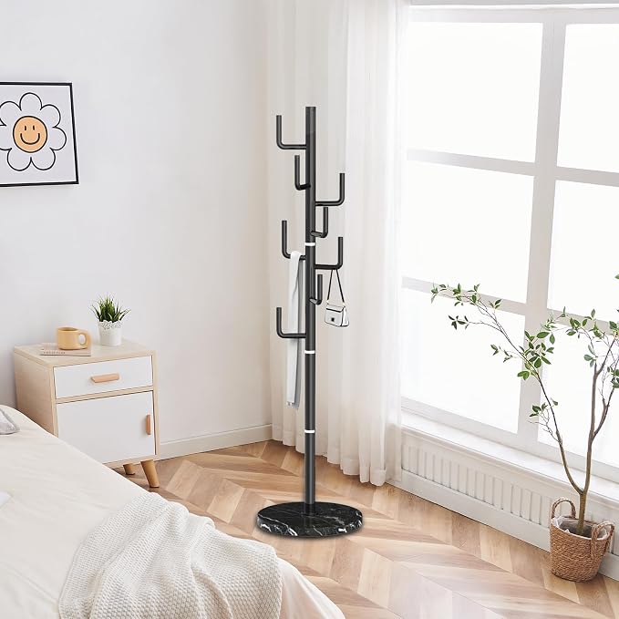ZOZOE Metal Modern Coat Racks, Cactus Coat Rack Freestanding with Natural Marble Base, Black Coat Rack Stand with 8 Hooks, Coat Tree Hanger Stand for Bags, Hats, Entryway, Office