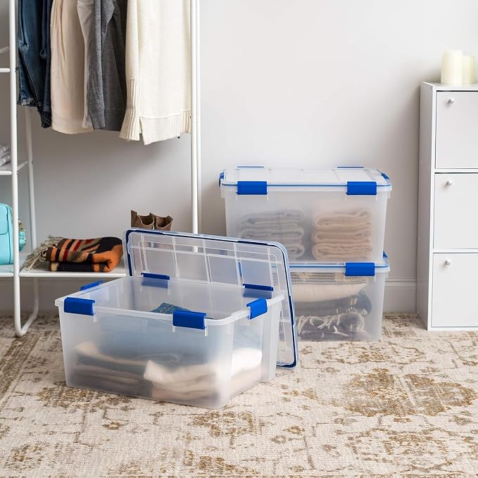 IRIS USA 3-Pack 60 Qt Storage Bins with Gasket Lids, Clear/Blue | WeatherPro seal helps protect bulky items for moving, garage, attic and basement storage