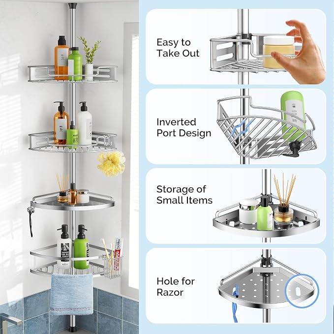 HAMITOR Corner Shower Caddy Tension Pole: Quick Installation 4-Tier Rustproof Bathroom Organizer Shelves for Bathtub Shampoo Storage - 47-121 inch Adjustable Floor Standing Bath Rack Holder - Silver | No-Drill Setup, Adjustable Height Tension Pole, Rus...