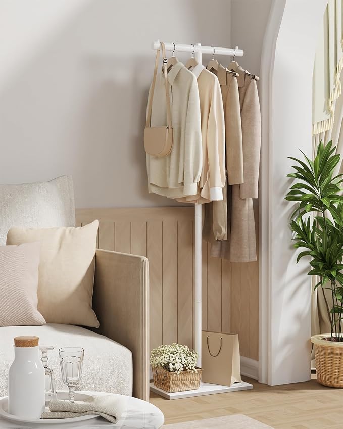 T-shaped Coat Rack Freestanding, Metal Hanger, White, 68.9 In High | Modern Garment Rack with Rock Slab Base, Heavy-duty Metal Hanger Stand for Bedroom, Hallway, Entryway, Living Room