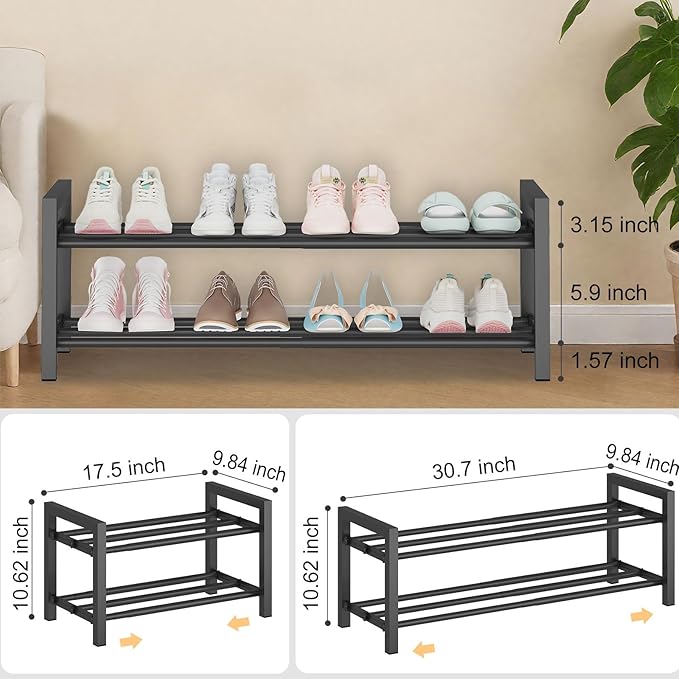 Expandable Metal Shoe Rack for Closet & Entryway, Shoe Storage Organizer | 2 Tier • Adjustable Width • Holds 6–9 Pairs • Heavy-Duty Steel • Space-Saving Design • Easy Assembly