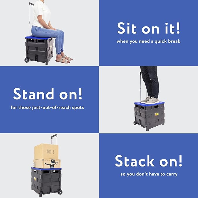 dbest products Quik Cart Collapsible Rolling Crate on Wheels for Teachers Tote Basket, 80 lbs Capacity, Blue Lid Made from Heavy Duty Plastic and used as a Seat | with Wheels, Roll Up to 80 lbs Capacity, Heavy Duty Plastic Construction, Telescoping Han...