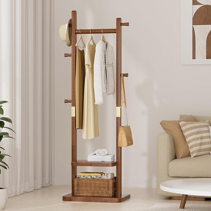 Solid Wood Coat Rack, Freestanding Clothing Rack with 2 Shelves Storage & 5 Hooks, Heavy Duty Clothes Rack Stand for Hall, Bedroom, Living Room