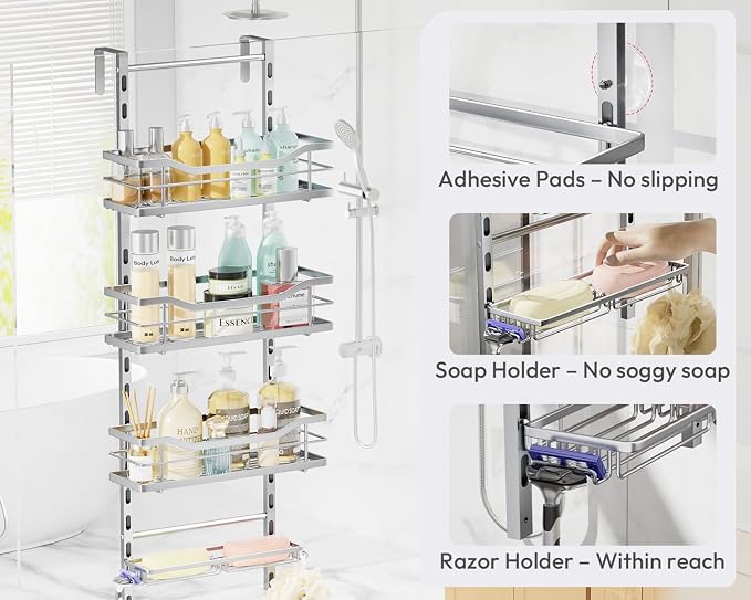 SWTYMIKI Over the Door Shower Caddy - 4 Tier Adjustable Shower Organizer Hanging with Soap Holder, No Drilling Stainless Steel Bathroom Rack Hanging for Body Wash, Shampoo, Soap, Razor, Silver