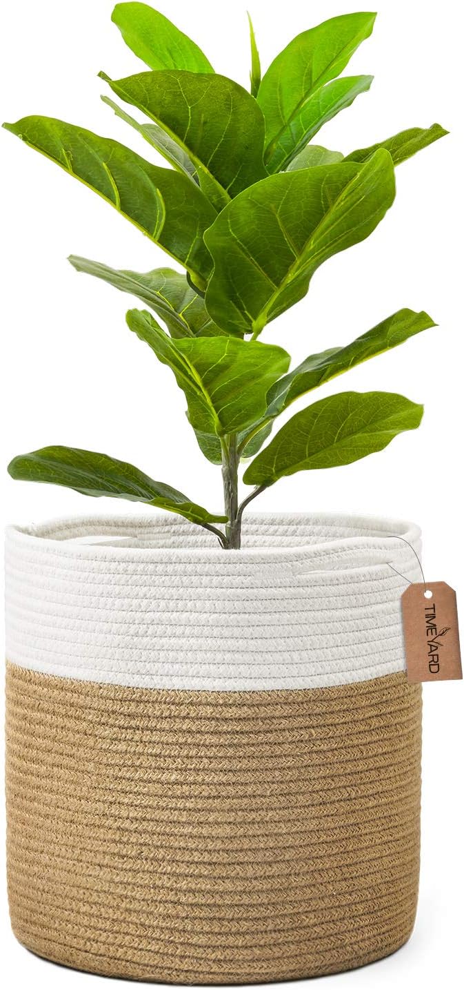 TIMEYARD Large Plant Basket, Planter for Indoor Plants, Jute Mixed White | 12" x 12" Storage Organizer Basket Rustic Home Decor, Rope Planter, Woven Pot for Indoor Plants