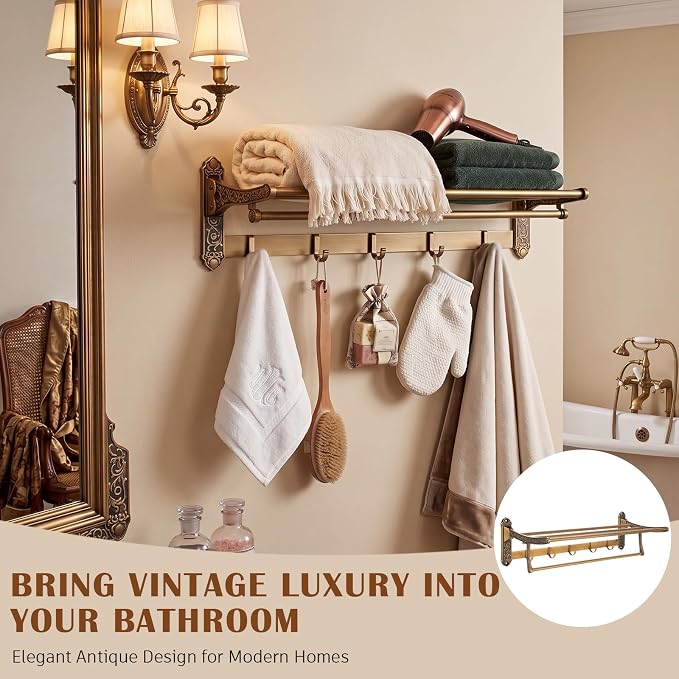 Brass Foldable Towel Rack with Hooks, Foldable Wall Mounted Bathroom Shelf Towel Bars Antique Gold Aluminum Rail Holder for Bathroom, Entryway, and Kitchen(2-Tier Vintage Style,24")