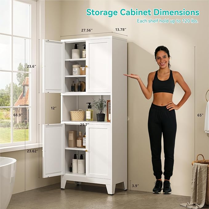 69" H Metal Pantry Cabinet with Open Shelf,13.78“Deep By 28" Wide Storage Cabinet with Doors and Adjustable Shelves,Microwave Stand,for Kitchen Dining Room Bathroom,White 1Pc