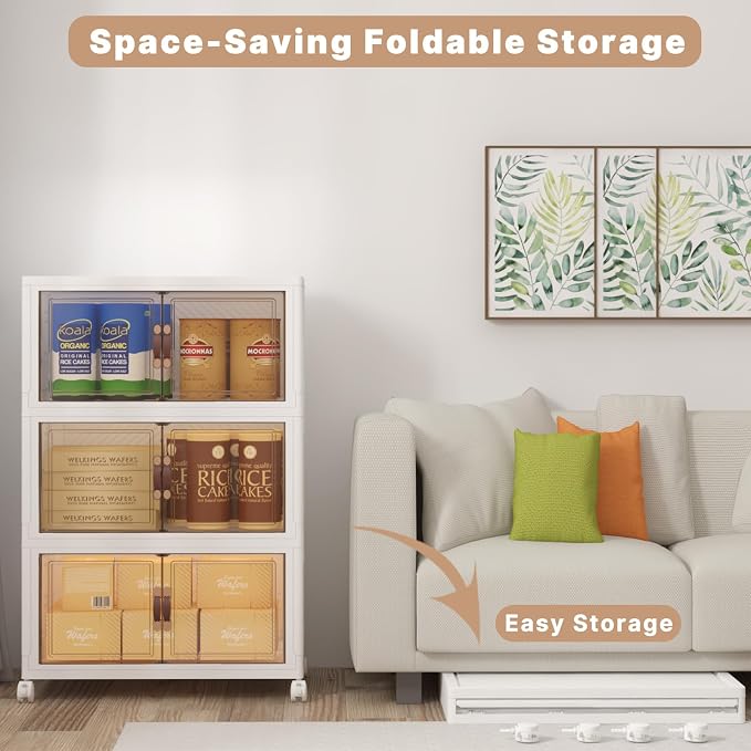 Stackable Storage Bins with Lids, 360QT Closet Organizers and Storage Cabinet with Doors & Wheels, Lockable Plastic Foldable Drawers for Bedroom Dorm Office Garage（120QT*3,White）