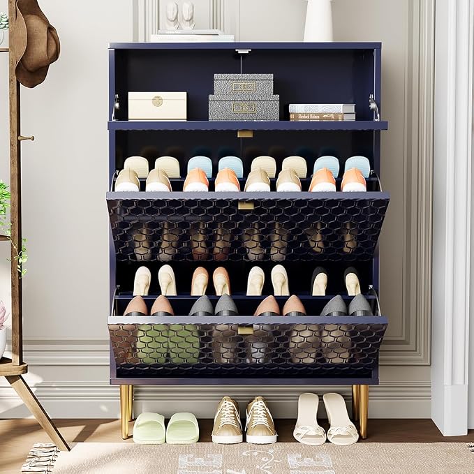 Boyel Living 3 Flip Drawers Free Standing Shoe Racks,Modern Shoes Cabinet with Brass Knobs and Legs, 24 Pair for Entryway (Blue
