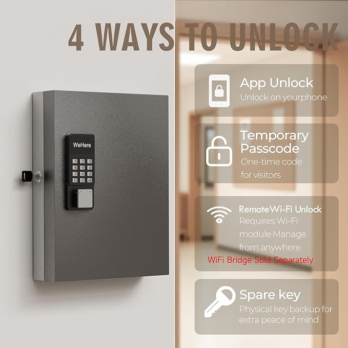 32 Key Lock Box Smart Key Organier Cabinet with Keypad & App for Office | Wall Mounted Lockbox use App, Custom & One Time Password, WiFi (Need W100 Bridge) Unlock for School, Office, Fleet, Hotel