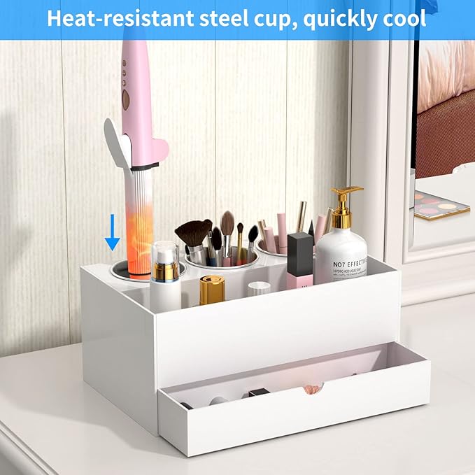 NIUBEE Acrylic Hair Tool Organizer with Drawer, Hair Dryer Holder Organizer | White, Hot Tools Organizer Countertop with 3 Cups, Hair Blow Dryer Storage for Curling Iron, Brush, Straightener, Bathroom