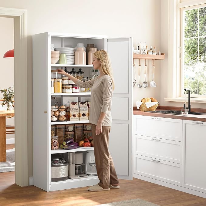 Yizosh Metal Storage Cabinet - 71" White Kitchen Pantry with 2 Doors and 5 Adjustable Shelves, 5-Tier Tall Steel Locker for Living Room, Dining Room